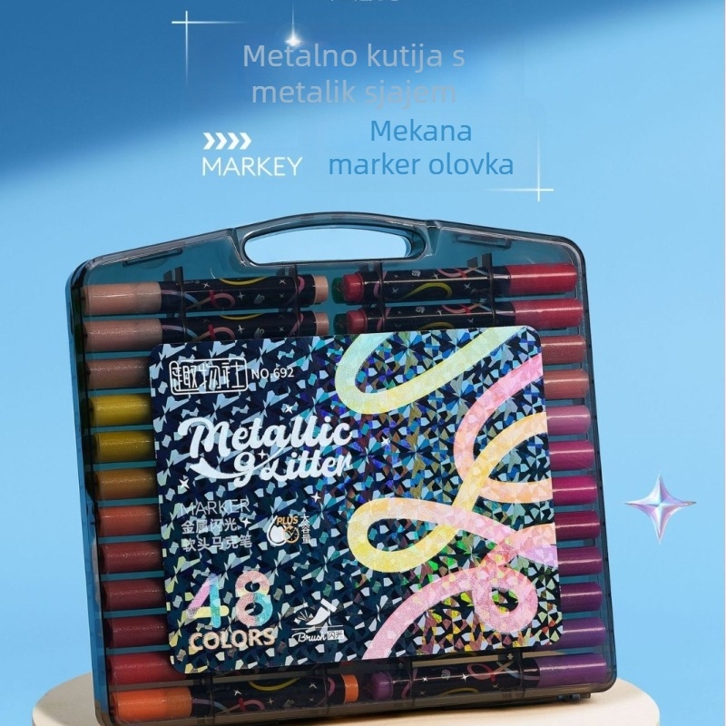 Glitter marker s trokutastim dizajnom i jednim vrhom, veliki kapacitet, perlasti završetak; plastično kućište; mogućnost prilagodbe.