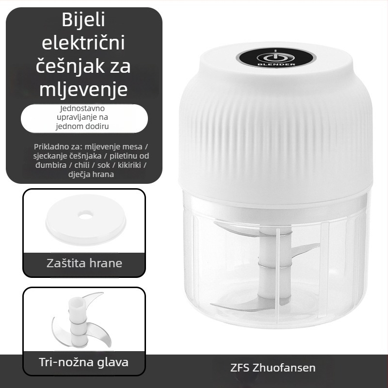 Električni sjeckalnik češnjaka – punjivi, prijenosni, kapacitet ispod 1 L, 6+ oštrica, potpuno automatiziran