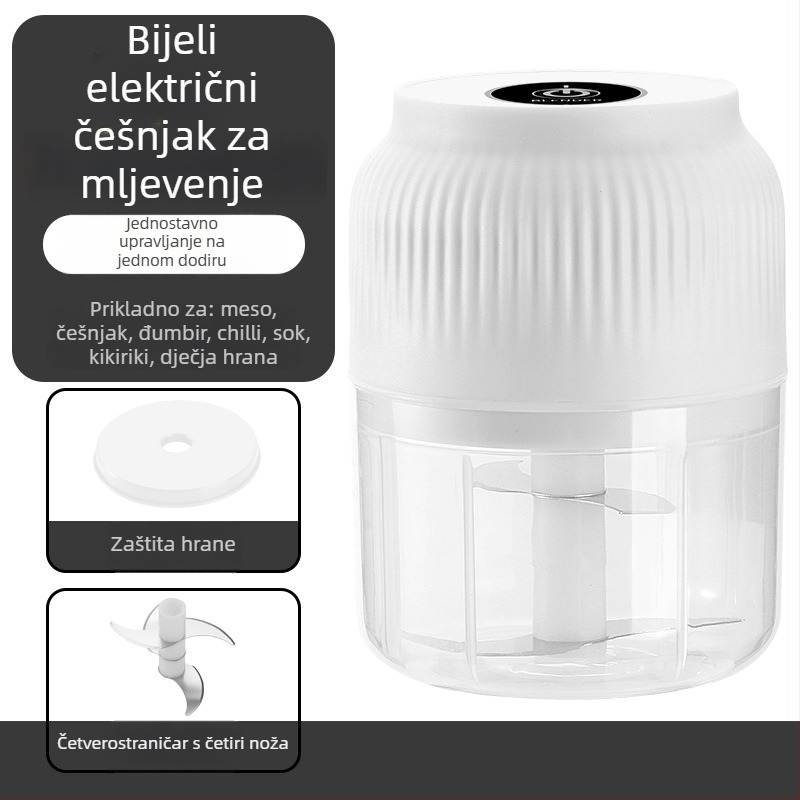 Električni sjeckalnik češnjaka – punjivi, prijenosni, kapacitet ispod 1 L, 6+ oštrica, potpuno automatiziran