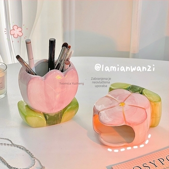 Keramički držač olovaka sa cvjetnim motivom – stolni organizator s 6 slojeva