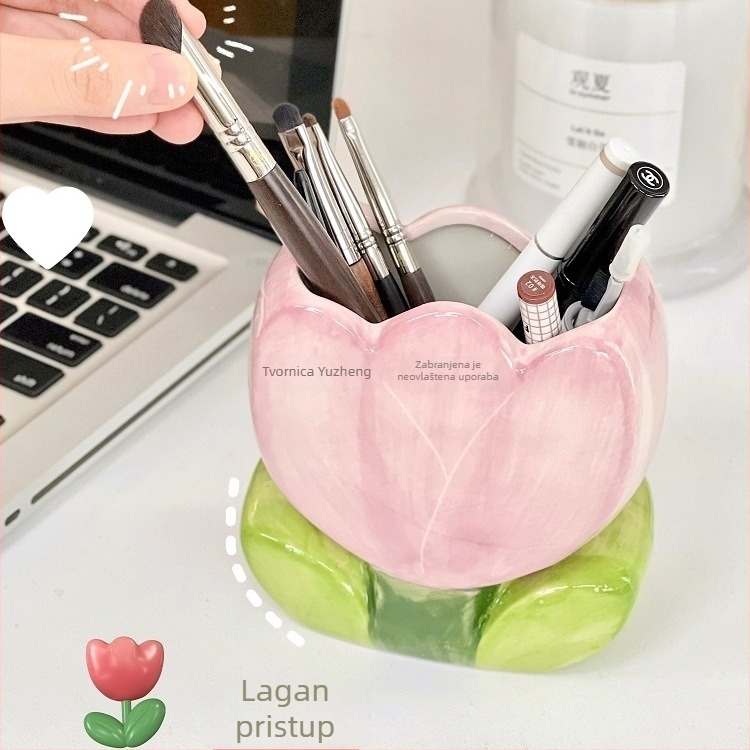 Keramički držač olovaka sa cvjetnim motivom – stolni organizator s 6 slojeva