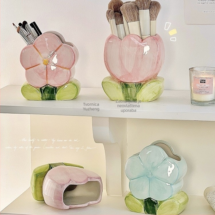 Keramički držač olovaka sa cvjetnim motivom – stolni organizator s 6 slojeva