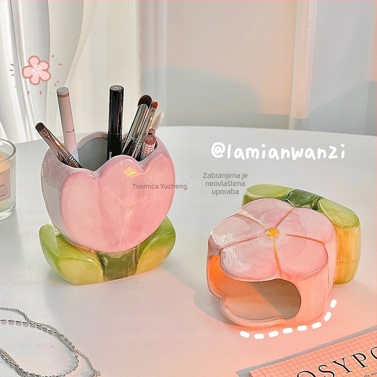 Keramički držač olovaka sa cvjetnim motivom – stolni organizator s 6 slojeva