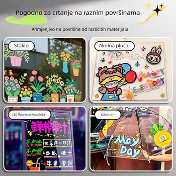 Marker za staklo, šarene boje, izbrisiv, tekući, mekan vrh, za grafite na staklenim vratima, bijelim pločama, ogledalima, fluorescencijskim pločama i izlozima