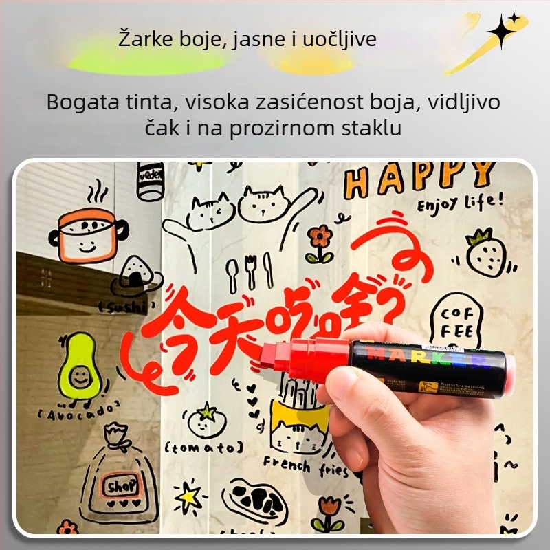 Marker za staklo, šarene boje, izbrisiv, tekući, mekan vrh, za grafite na staklenim vratima, bijelim pločama, ogledalima, fluorescencijskim pločama i izlozima