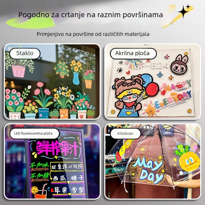 Marker za staklo, šarene boje, izbrisiv, tekući, mekan vrh, za grafite na staklenim vratima, bijelim pločama, ogledalima, fluorescencijskim pločama i izlozima