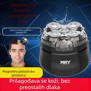 MRY muški električni brijač s pet rotirajućih glava – prenosiv, potpuno automatski, periv, s LED zaslonom, ugrađena baterija 500–800 mAh, trajanje 60+ minuta