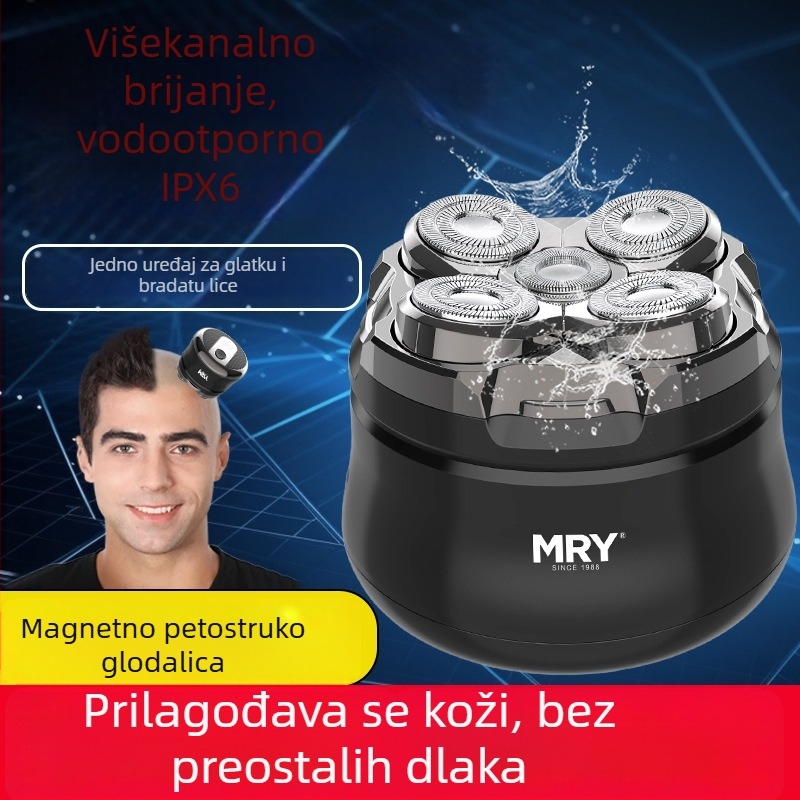 MRY muški električni brijač s pet rotirajućih glava – prenosiv, potpuno automatski, periv, s LED zaslonom, ugrađena baterija 500–800 mAh, trajanje 60+ minuta