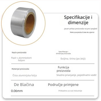 Samozaljepiva dvostruko provodna aluminijska folijska papirna traka, debljina 0,06 mm, otporna na visoke temperature, za cijevi hladnjaka i klima uređaja