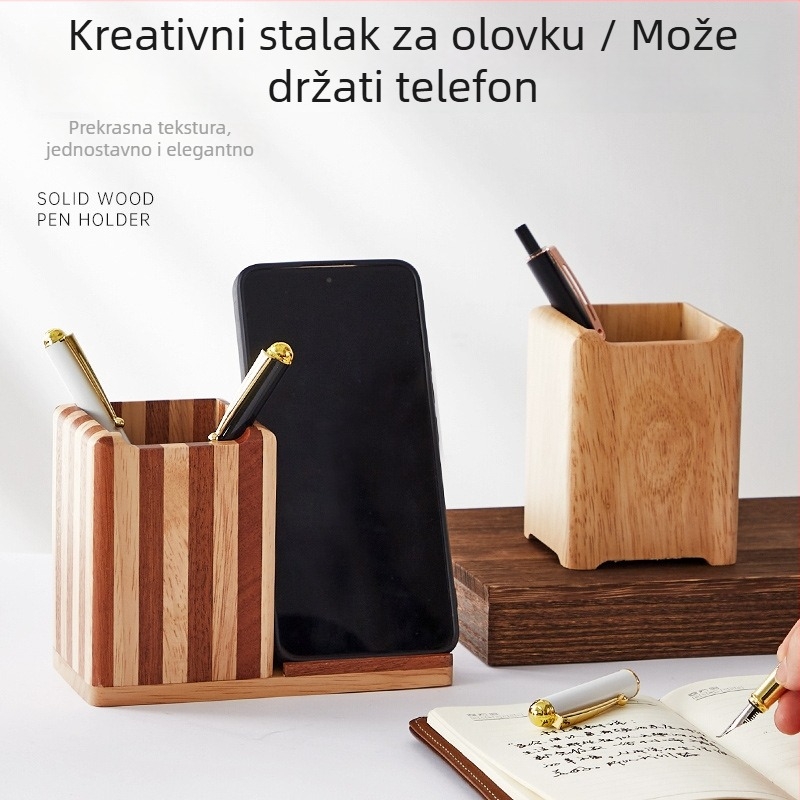 Drveni kvadratni držač olovaka, retro stil, prilagodljiv ispis logotipa