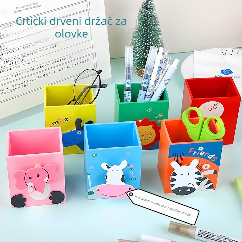 Držač za olovke od drveta s crtanim životinjskim dizajnom, kvadratnog oblika, za djecu – poslovni dar