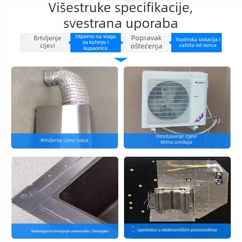 Fiberglasna traka s aluminijskom folijom, termički otporna samoljepljiva traka za cijevi kuhinjske napa i klimatizacije; vodootporna, otporna na kidanje, UV zaštitna traka za popravke