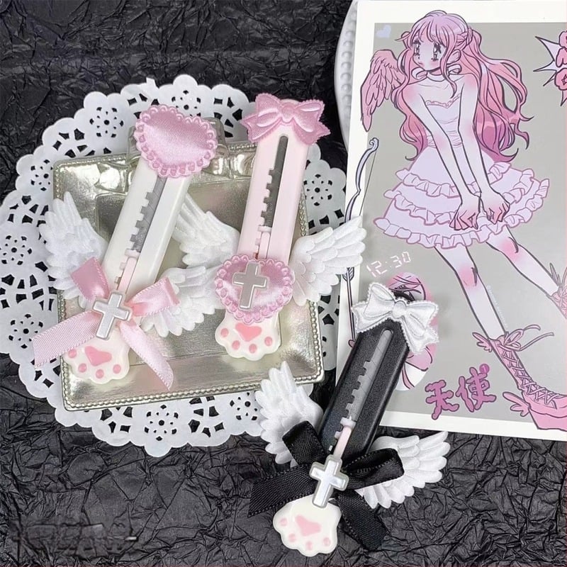 Mini prenosni nož za hobby s dizajnom djevojačkog srca, mačje šape i anđela krila – Muzi Blue Cat Claw Knife