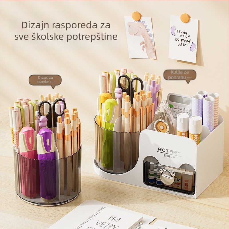 Rotirajući držač olovaka za stol, okruglog oblika, materijali PS/PP i željezne kuglice, kutija za pohranu uredskih potrepština velike kapacitete