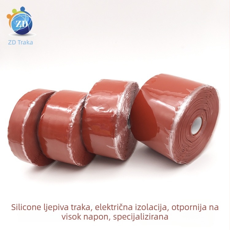 Samoljepiva silikon traka za visokotlačnu izolaciju i vatrootpornu zaštitu; silikon-kaučuk osnova; temperaturni raspon -50 do 300°C (kratkotrajno) i 260°C (dugotrajno).