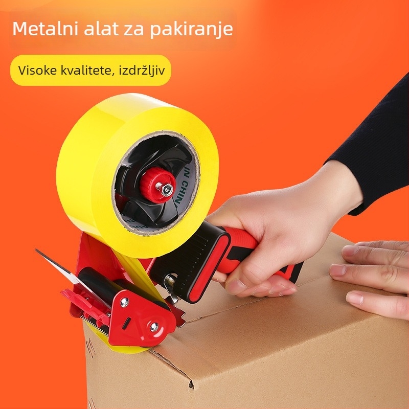 Ručni zatvarač kutija s integriranim rezačem trake, model T15089, metalno kućište, širina trake do 50 mm, promjer osovine trake 76 mm, neto težina 450 g