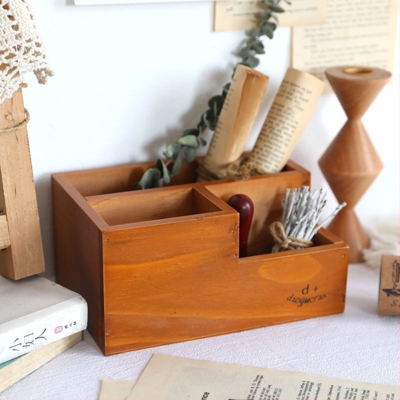 Drveni stolni organizator s pregradama, japanski stil, uzorak drveta, kapacitet 1 L, pogodan za daljinski upravljač, mobitel i kozmetiku
