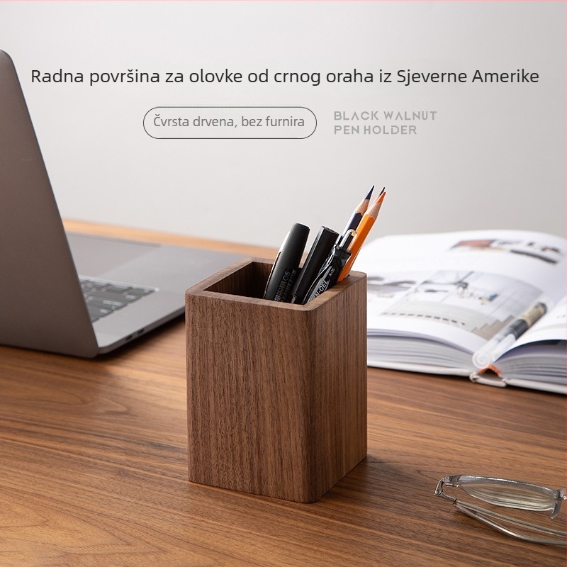 Držač olovaka od masivnog drveta Black Walnut – pravokutni stolni organizator, kapacitet 2 L, prilagodljiv logotip, Wood Time Model 02