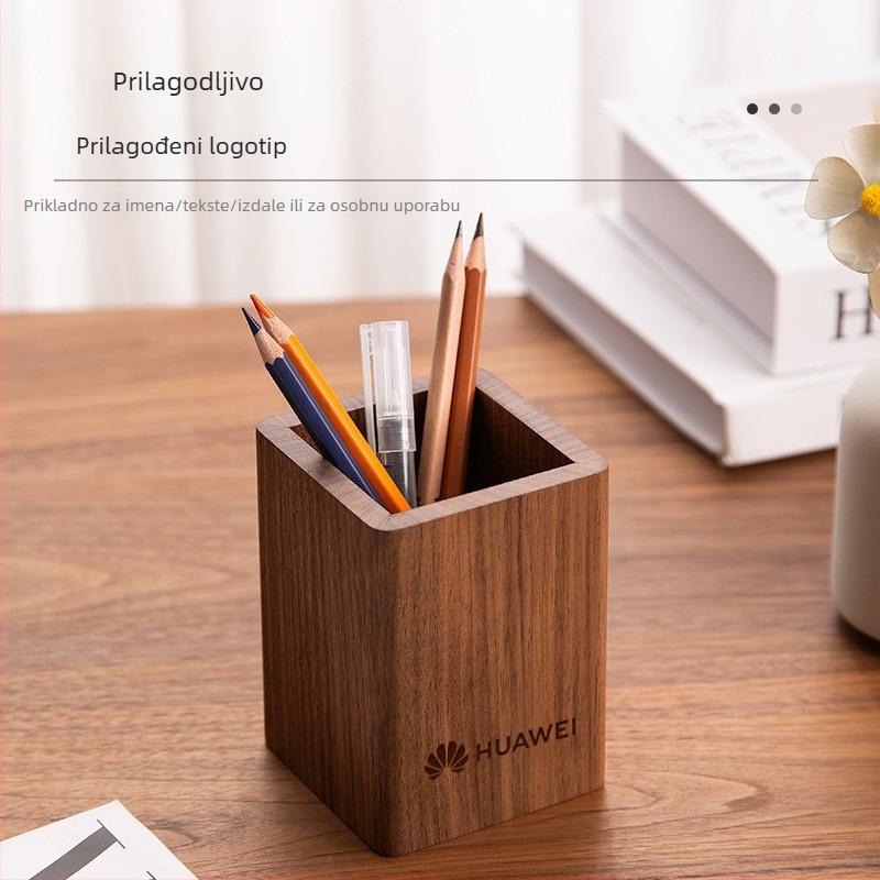 Držač olovaka od masivnog drveta Black Walnut – pravokutni stolni organizator, kapacitet 2 L, prilagodljiv logotip, Wood Time Model 02