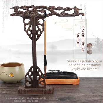 Držač za četkice i vješalica za olovke – Materijal: Chicken Wing Wood, Model: Longevity Dragon Double Phoenix Disc, Za kaligrafiju