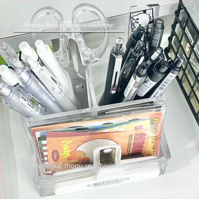 Akrilni držač za olovke s tri odjeljka, kvadratni plastični dizajn, bez logotipa, bez IP ovlaštenja