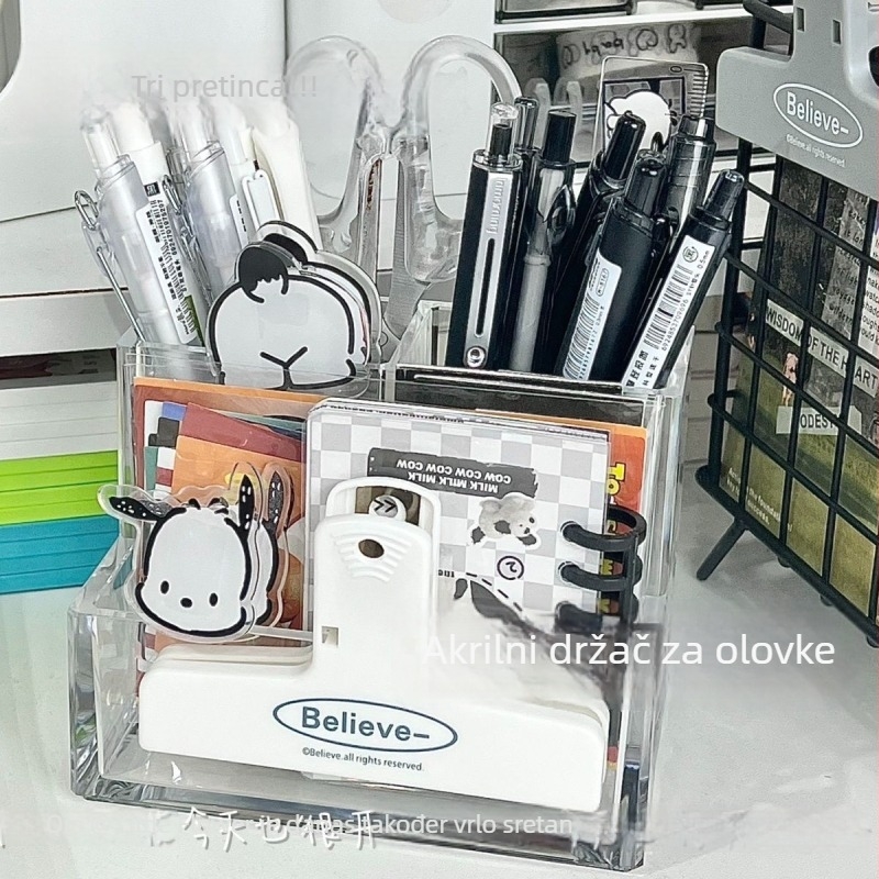 Akrilni držač za olovke s tri odjeljka, kvadratni plastični dizajn, bez logotipa, bez IP ovlaštenja