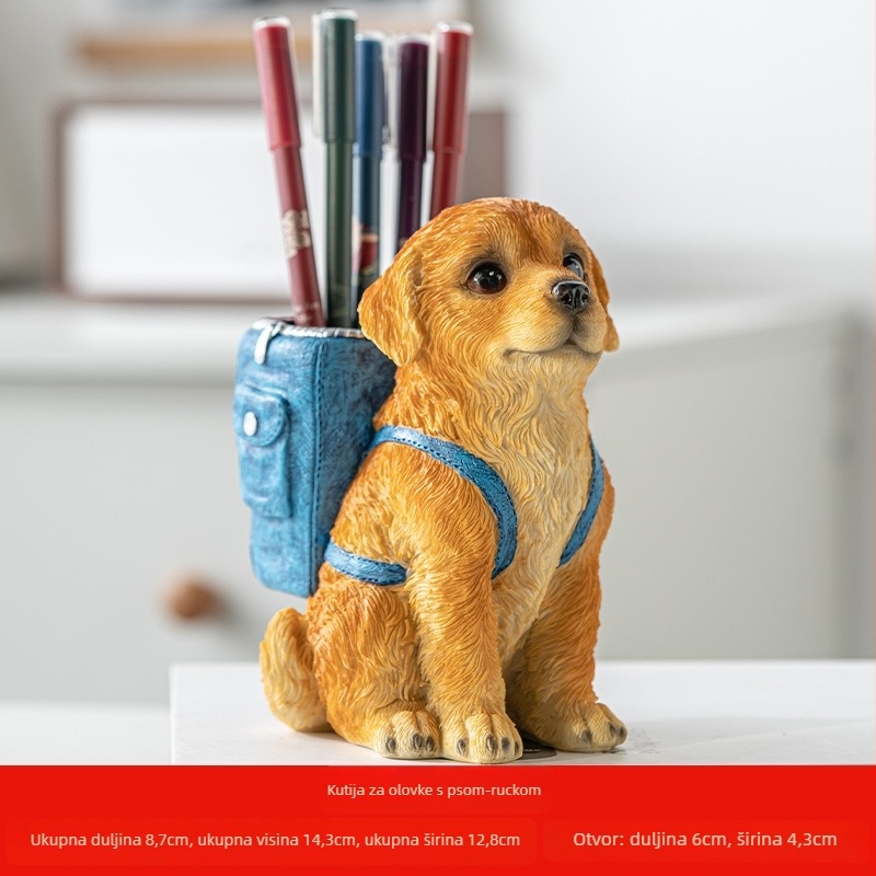Držač za olovke, okrugli smolasti ukras sa zlatnim retriverom; dar za rođendan, završetak studija, Dan učitelja; pogodan za starije, dijete, razrednika, učitelja