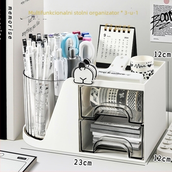 Višefunkcijski okretni držač za olovke s ladicom, stolni organizator uredske potrepštine, plastični materijal