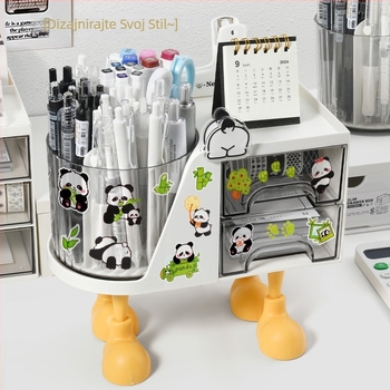 Višefunkcijski okretni držač za olovke s ladicom, stolni organizator uredske potrepštine, plastični materijal