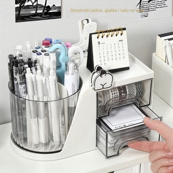 Višefunkcijski okretni držač za olovke s ladicom, stolni organizator uredske potrepštine, plastični materijal