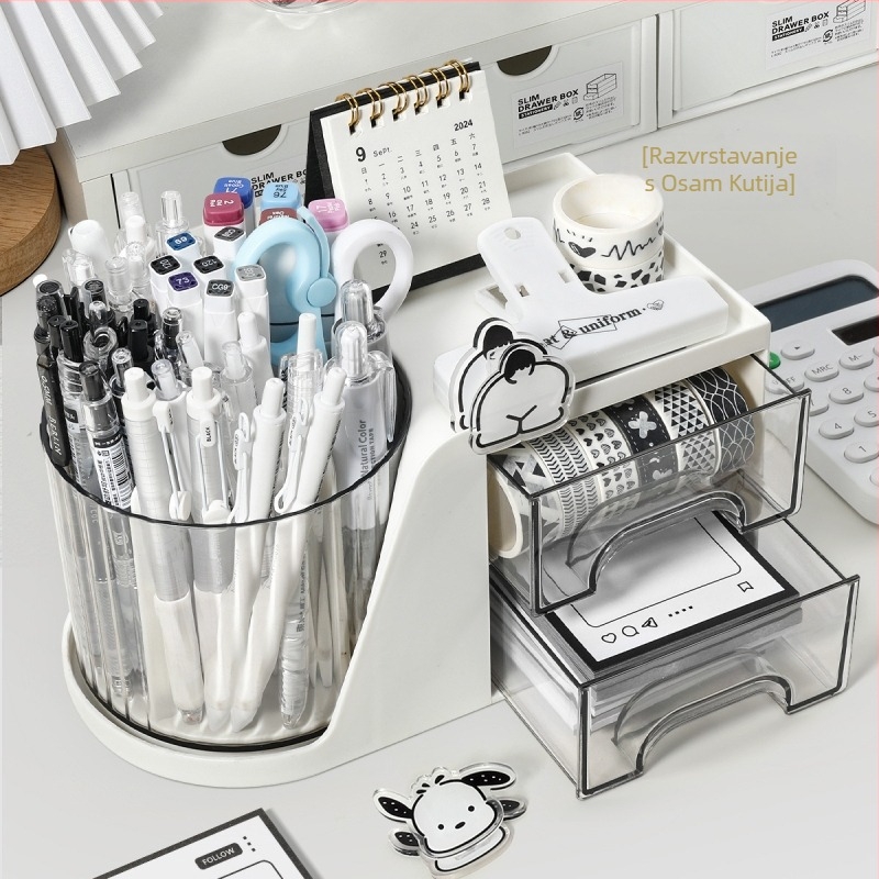 Višefunkcijski okretni držač za olovke s ladicom, stolni organizator uredske potrepštine, plastični materijal