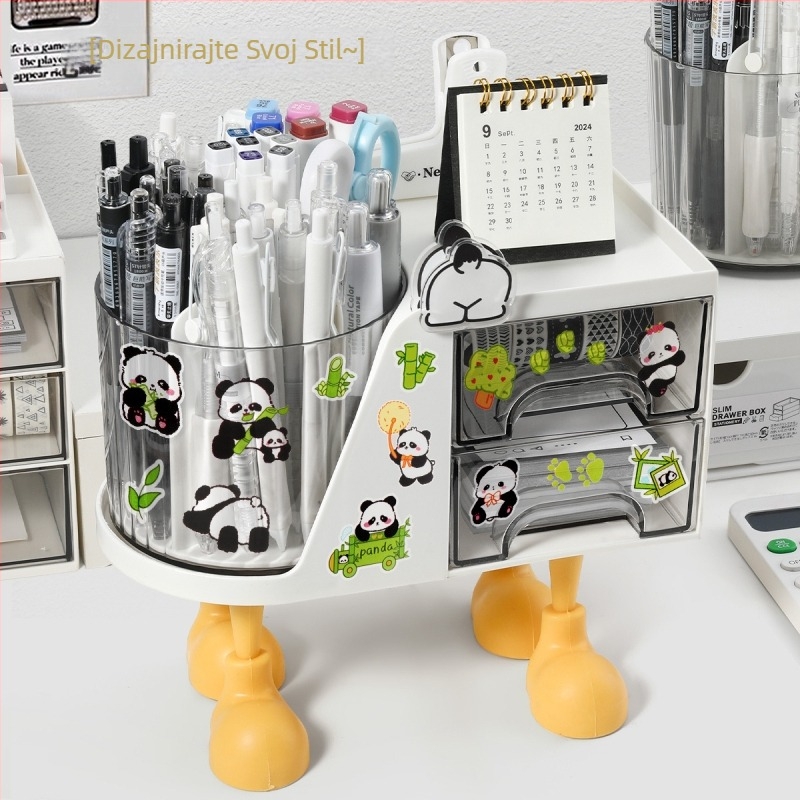 Višefunkcijski okretni držač za olovke s ladicom, stolni organizator uredske potrepštine, plastični materijal