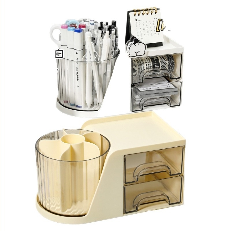 Višefunkcijski okretni držač za olovke s ladicom, stolni organizator uredske potrepštine, plastični materijal