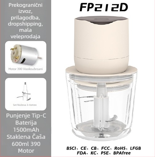 Električni češnjak sjeckalica i kuhinjski blender, kapacitet ispod 1 L, Punjiva i prijenosna, ≤36V, 10.000 rpm, staklena posuda