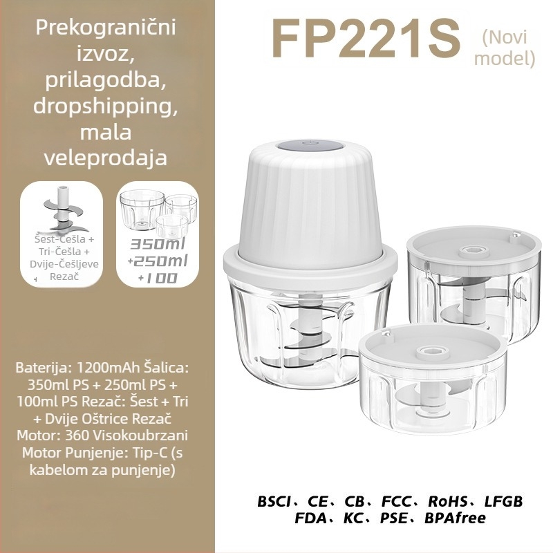 Električni češnjak sjeckalica i kuhinjski blender, kapacitet ispod 1 L, Punjiva i prijenosna, ≤36V, 10.000 rpm, staklena posuda