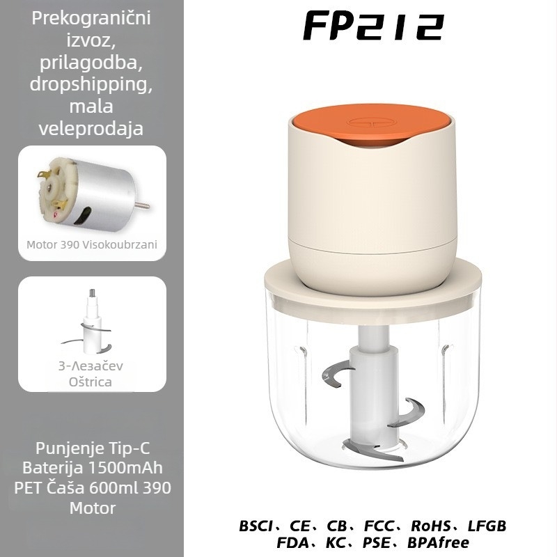 Električni češnjak sjeckalica i kuhinjski blender, kapacitet ispod 1 L, Punjiva i prijenosna, ≤36V, 10.000 rpm, staklena posuda