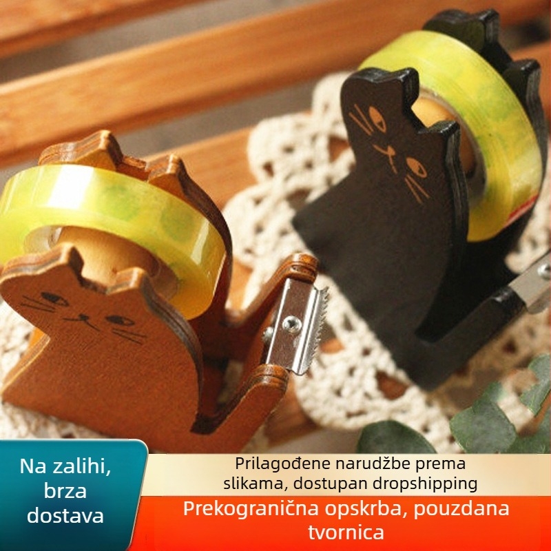 Mačka oblik drveni rezač za ljepilo traku, s tiskanim logom, 65 g, za širinu trake do 20 mm.