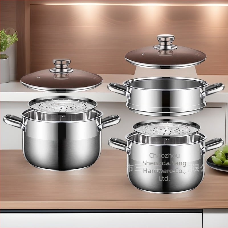 Dvodjelni parni lonac od 201 nerđajućeg čelika, s integriranim parnim košem, staklenim poklopcem, višestrukim dnom, kompatibilan s indukcijom i plinskim štednjacima