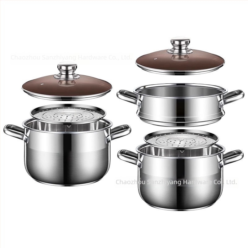 Dvodjelni parni lonac od 201 nerđajućeg čelika, s integriranim parnim košem, staklenim poklopcem, višestrukim dnom, kompatibilan s indukcijom i plinskim štednjacima