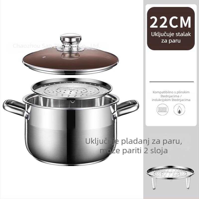 Dvodjelni parni lonac od 201 nerđajućeg čelika, s integriranim parnim košem, staklenim poklopcem, višestrukim dnom, kompatibilan s indukcijom i plinskim štednjacima