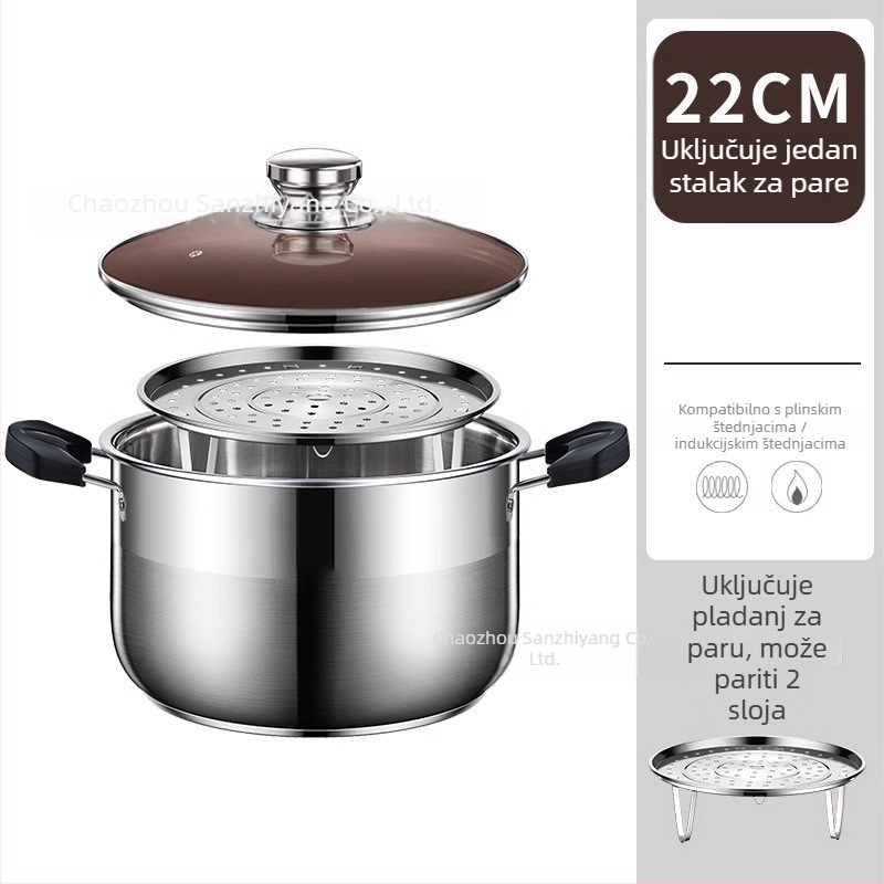 Dvodjelni parni lonac od 201 nerđajućeg čelika, s integriranim parnim košem, staklenim poklopcem, višestrukim dnom, kompatibilan s indukcijom i plinskim štednjacima