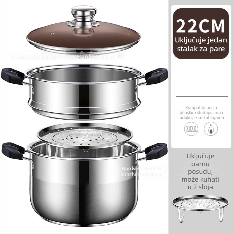 Dvodjelni parni lonac od 201 nerđajućeg čelika, s integriranim parnim košem, staklenim poklopcem, višestrukim dnom, kompatibilan s indukcijom i plinskim štednjacima