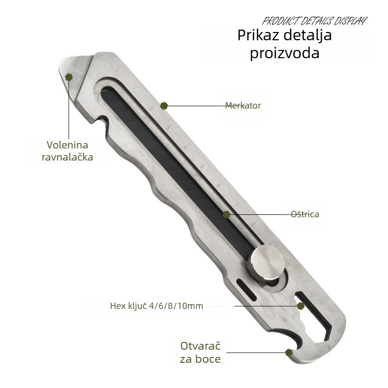 6-u-1 nož od nehrđajućeg čelika za tapete i skidanje izolacije kablova (oštrice: 15.3×2.7×0.5 mm; Težina: 108 g; Materijal: nehrđajući čelik)