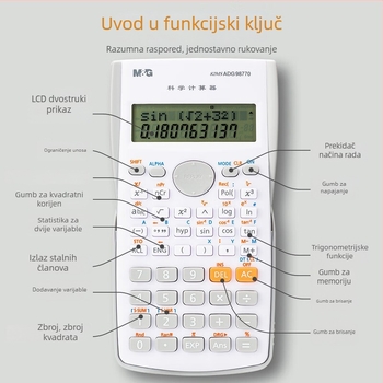 ADG98770K Znanstveni kalkulator, višestruka funkcija, 12-znamenkasti LCD zaslon, napajanje baterijom tipa tipkica