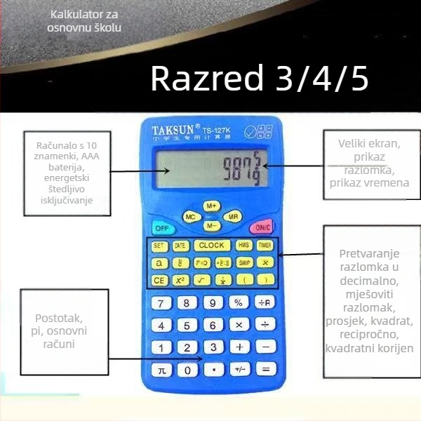 Dexin 127K znanstveni kalkulator za osnovnoškolce, 10-znamenkasti prikaz, prikaz razlomaka, plastično kućište, napaja se običnom sušenom baterijom
