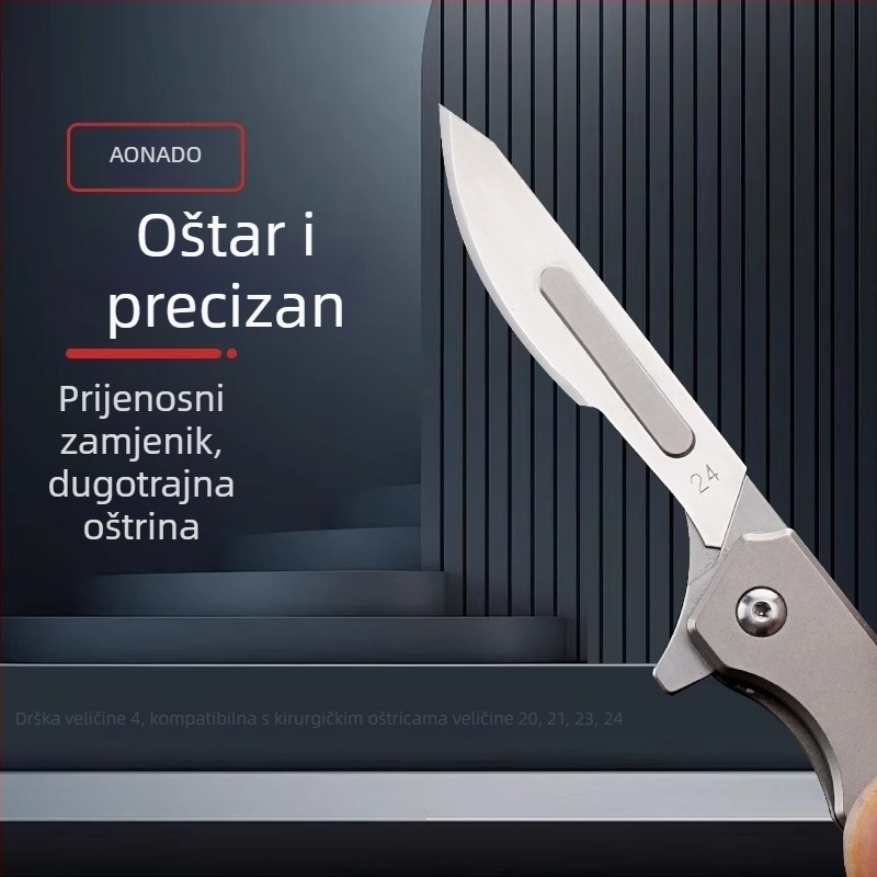 Sklopivi skalpel od titanijskog legura i otvarač kutija, oštar višenamjenski nož za samoubranu, prijenosni mini nož, model 09, oštrica br. 24
