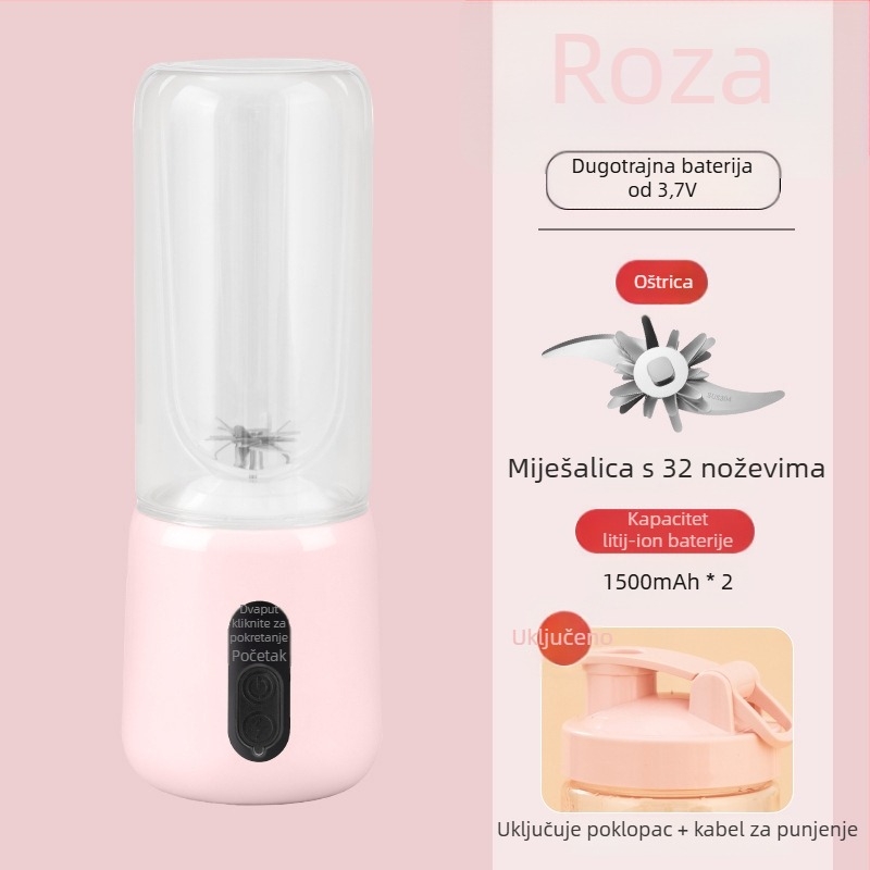 Prijenosni sokić za voće s ugrađenom baterijom i bežičnim punjenjem, 55W, 18001–20000 rpm, kapacitet 401–600 ml, unutarnji spremnik od borosilikatnog stakla