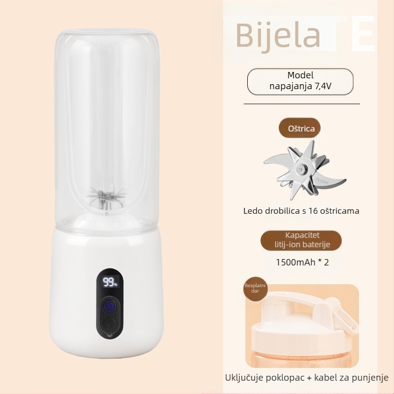 Prijenosni sokić za voće s ugrađenom baterijom i bežičnim punjenjem, 55W, 18001–20000 rpm, kapacitet 401–600 ml, unutarnji spremnik od borosilikatnog stakla