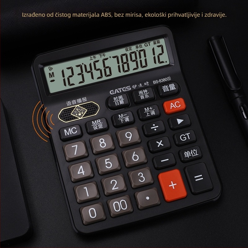 Aritmetički kalkulator s realnim glasom, 12-znamenkasti zaslon, ABS kućište, napaja se AAA baterijom