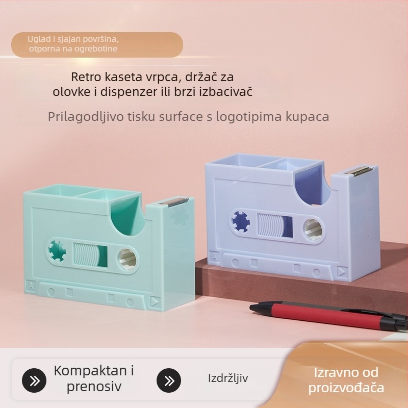 Retro držač trake u obliku kasete i držač olovke, plastika, model 01, moguć ispis logotipa, širina trake prilagodljiva